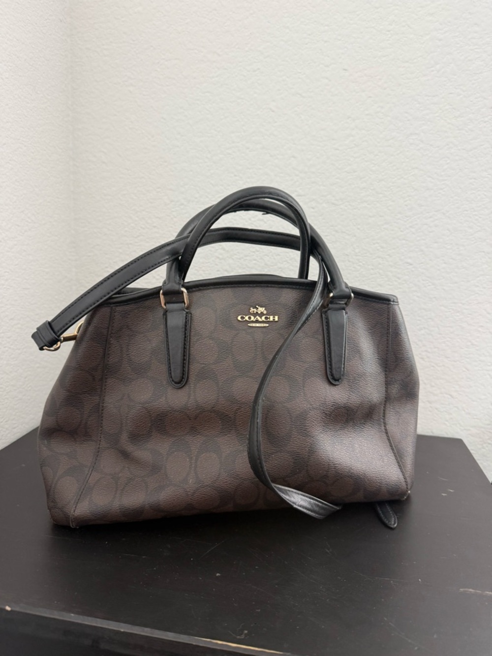 COACH Brown Signature Satchel with Black Trim and Gold Hardware